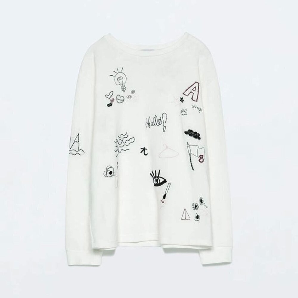 Zara Trafaluc White Knit Long Sleeve with Embroidery - M